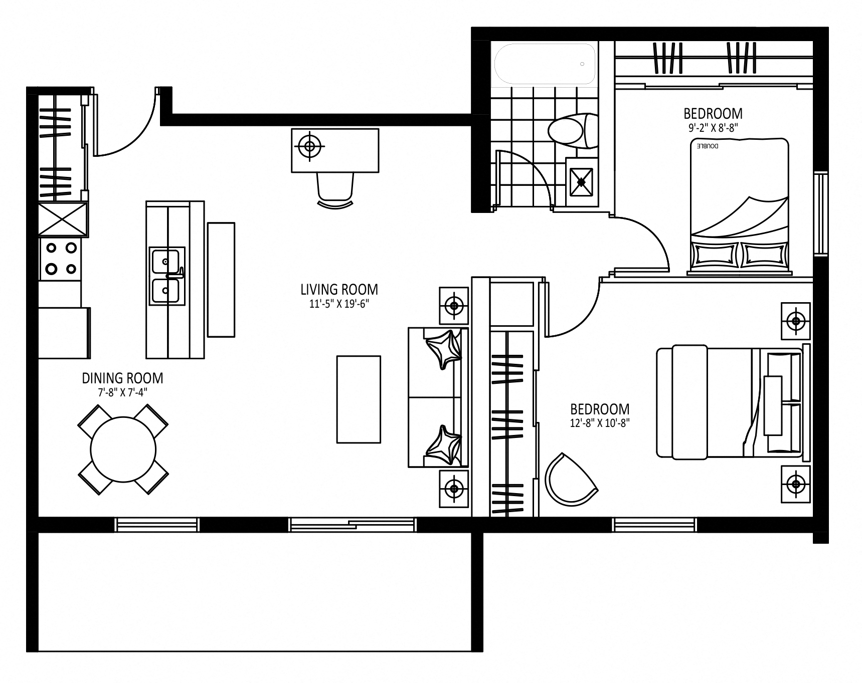 Floor plan for 2 beds, 1 bath, 815 sqft